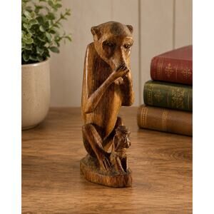 Carved Wooden Monkey Figurine Folk Art Primate Sculpture 6” Tall w Small Monkey